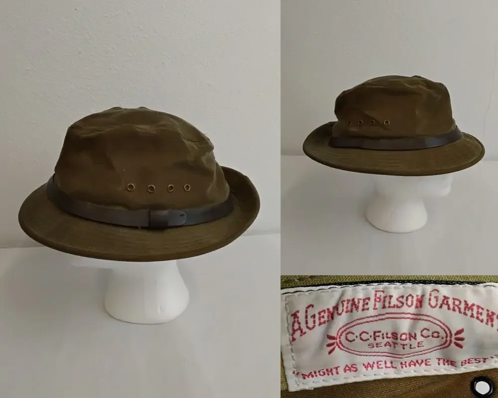 C.C. Filson Tin Cloth Packer Hat Waxed Canvas Leather Band USA Made #W5192